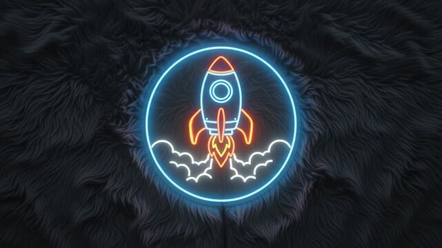 Space rocket launch with glowing neon effect on dark cosmic background