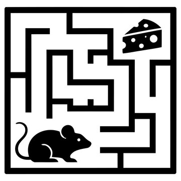 Small mouse navigating a complex square labyrinth maze to reach a delicious piece of yellow cheese in this creative illustration