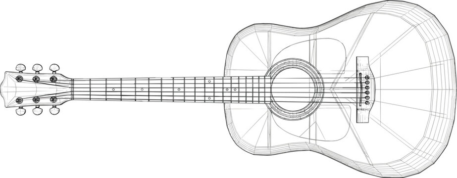 Acoustic guitar wireframe blueprint design showing technical structural mesh pattern details of body strings neck fretboard tuning pegs