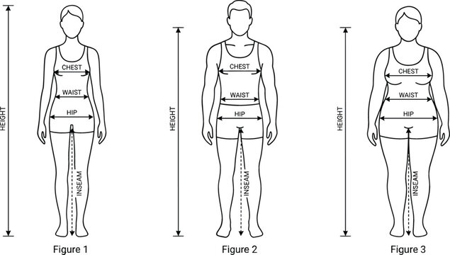 Human body measurement chart guide showing parameters for height chest waist hip inseam size guidelines for custom clothing tailoring