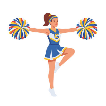 Pom poms held by cheerleader in blue uniform performing routine