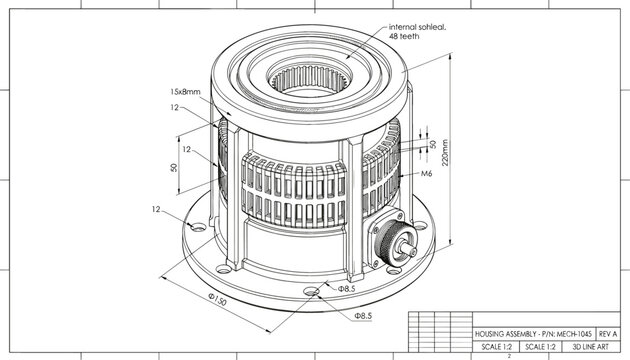 Mechanical housing assembly blueprint with internal spline teeth technical data dimensions and perspective lineart diagram