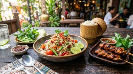 Fototapeta premium Authentic Thai papaya salad with grilled chicken skewers and sticky rice.