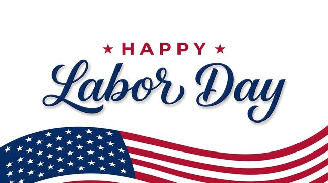 A festive happy labor day greeting card design featuring elegant cursive typography and a waving united states flag on white background