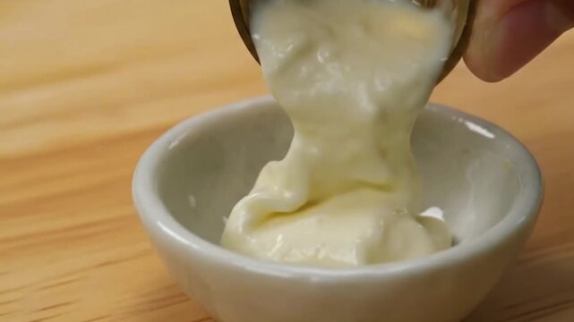 Creamy white sauce pouring into ceramic bowl, thick mayonnaise texture on wooden table, fresh dairy yogurt or condiment for cooking