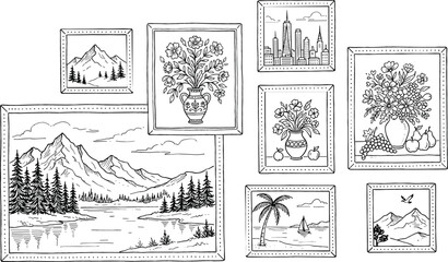 Fototapeta premium Gallery wall collage of framed art pictures featuring mountains flowers cityscape and beach landscape vector outline