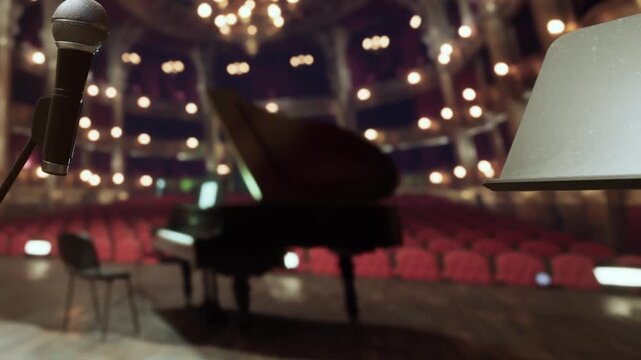 A concert hall is set for a performance. A microphone stands close to the stage. A grand piano is placed in the background. Rows of red seats surround the venue. The lights are dim.