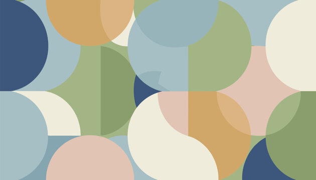 Abstract geometric background pattern of overlapping circles and semi-circles in pastel blue, green, and orange.