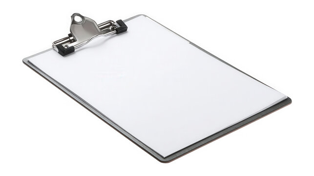 Blank transparent paper held by a silver metal clipboard lies isolated on a clean transparent background, offering ample space for text, forms, or important data entry.