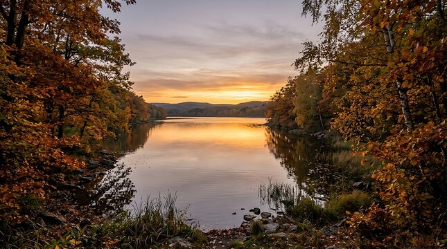 Serene lake surrounded by autumn trees at golden hour