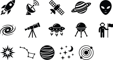 Outer space exploration astronomy black solid icon collection with rocket telescope satellite alien planet and galaxy © Bappi