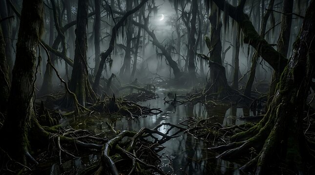 Mysterious figure standing in a dark forest at night