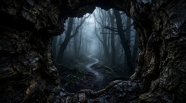 Mysterious mountain peak emerging from dark forest at night