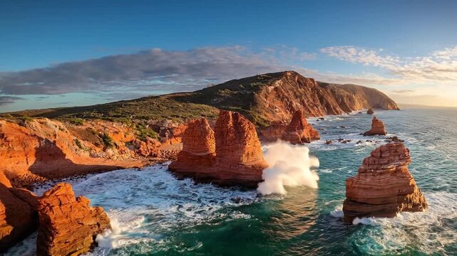 Dramatic coastal landscape with towering red rock sea stacks and cliffs along the ocean at sunset