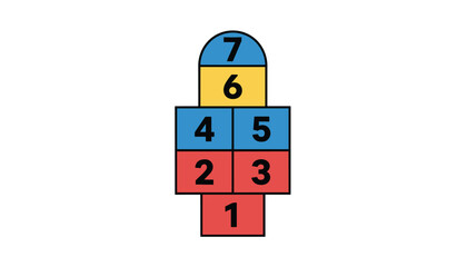 Fototapeta premium Colorful hopscotch playground game grid drawn with numbers one to seven in blue, red, and yellow on a clean white background.