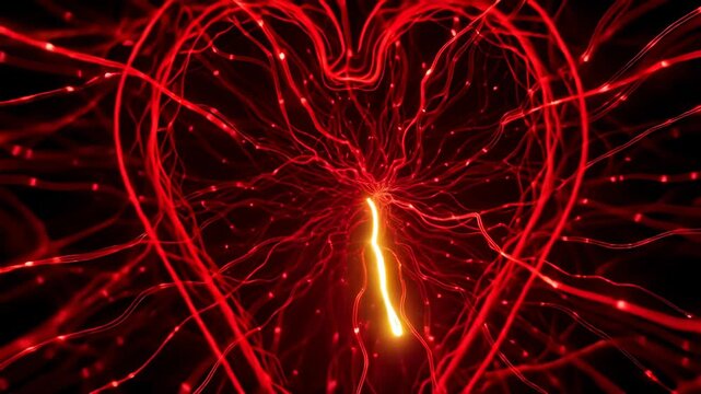 Neural Network Forming Glowing Heart. Abstract Digital Representation of Life, Energy, and Connection.