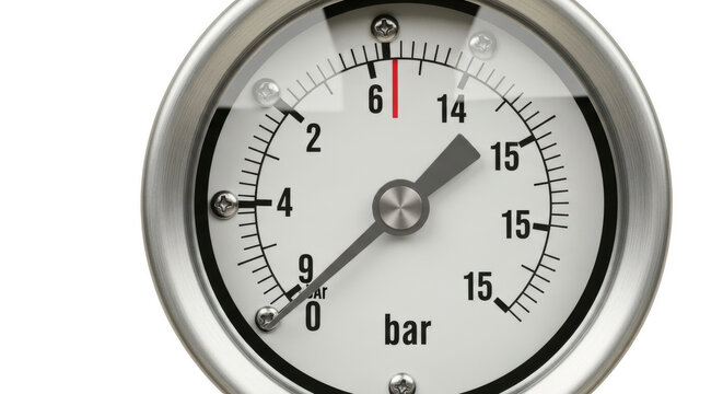 Industrial pressure gauge dial showing bar scale on transparent background.