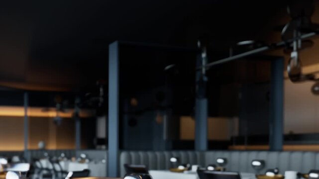 A modern restaurant setting with black chairs and white tables arranged for guests. Soft lighting creates a warm atmosphere in the dining area.