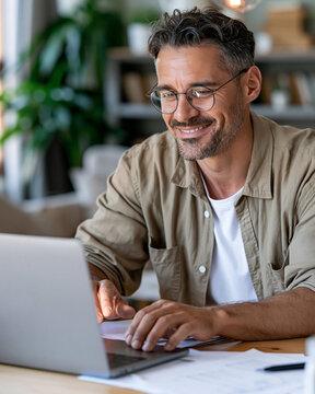 Man smiles while using laptop at wooden desk. Glasses frame his eyes, focused on screen. Soft indoor lighting highlights his content expression. Potted plants add greenery to cozy workspace