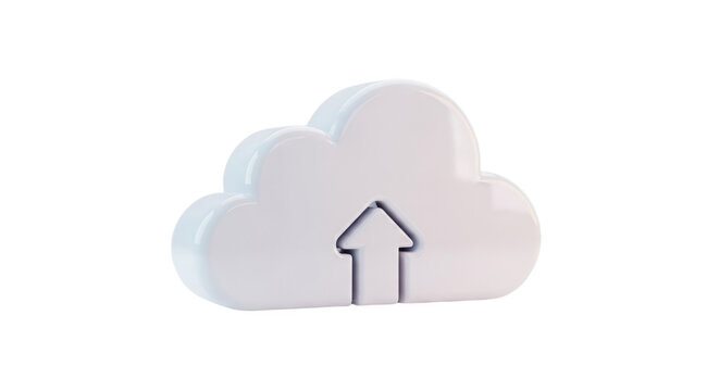 3D white cloud icon with upward arrow symbol on clean white background