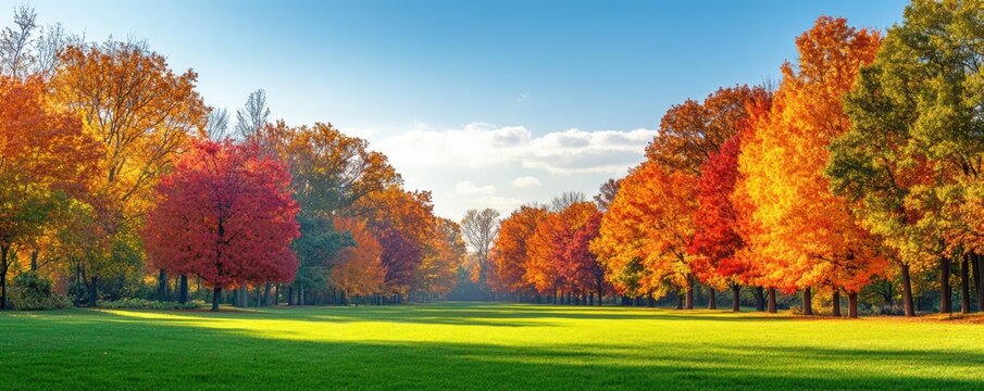 Colorful autumn Park with city view red and yellow maple trees and blue sky,Autumn forest path,Lawn in autumn city park in Sunny day,Trees with yellow leaves in park,Natural Wallpaper.