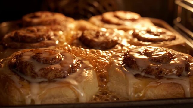 Sweet cinnamon rolls with glaze baking in a warm oven