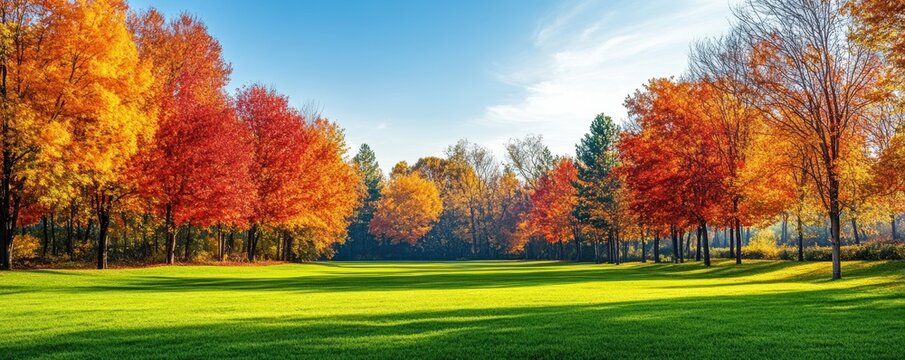 Colorful autumn Park with city view red and yellow maple trees and blue sky,Autumn forest path,Lawn in autumn city park in Sunny day,Trees with yellow leaves in park,Natural Wallpaper.