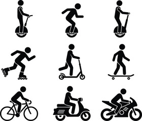 Micro mobility transport stick figure icon set featuring bicycle scooter skateboard rollerblades electric unicycle and motorcycle © Bappi