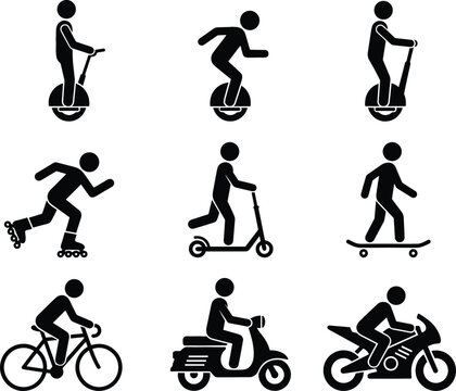 Micro mobility transport stick figure icon set featuring bicycle scooter skateboard rollerblades electric unicycle and motorcycle