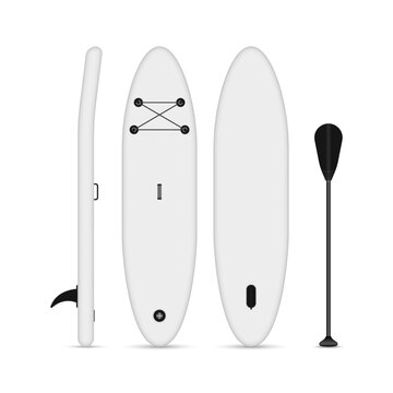 A realistic vector sup board with paddle white 3d blank mockup shows front, back, and side view, ideal for water sports equipment catalogs, summer activity promotion, and beach rental branding.