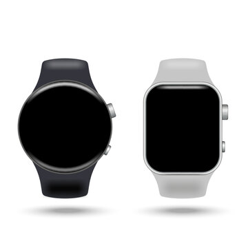 Round and square smartwatch mockups with blank black screens front view isolated on white background, two realistic smart watches in black and white realistic vector illustration.