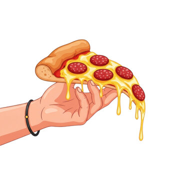 hand holding appetizing slice of pepperoni pizza with melted cheese dripping down
