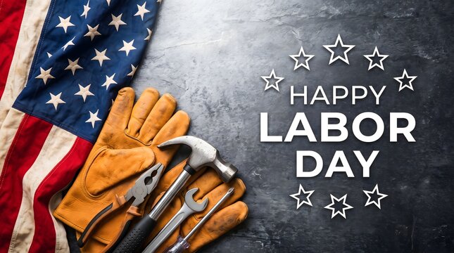 Happy labor day greeting card with construction tools leather work gloves and american flag on a dark rustic textured background surface