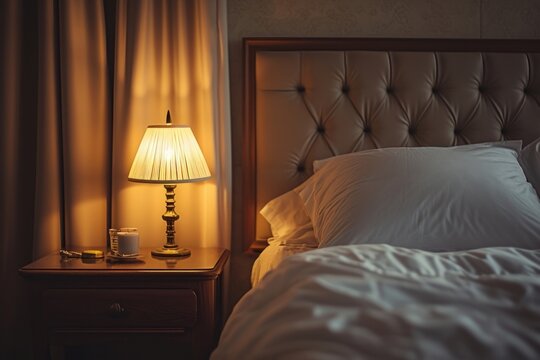 Lamp on bedside table bedroom furniture pillow.