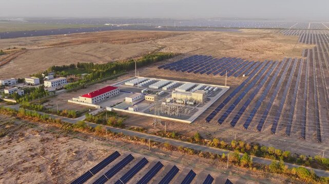 Energy storage station at sunset, new energy, shared power energy, solar photovoltaic power plant