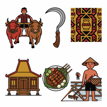 Vector collage set of iconic Madurese elements: Karapan Sapi bull race, Celurit sickle, batik art, traditional house, satay, and salt maker.