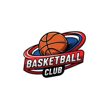 A vibrant and dynamic basketball club logo featuring a realistic orange basketball centered within a bold red and blue ring design with sleek modern typography and clean white background