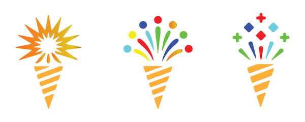 Obraz premium Party poppers colorful confetti explosion icons set for festive birthday celebration event design.