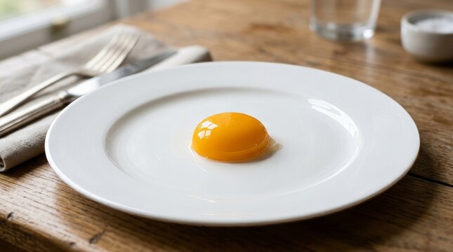 Close-up of a single poached egg on a white plate with a fork.