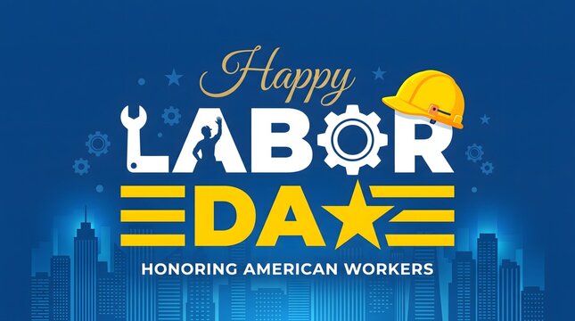 A festive blue background graphic celebrating labor day in america with industrial tools and a yellow hard hat for national workers