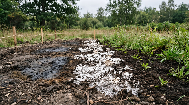 Mycoremediation of oil contaminated soil shows fungal environmental restoration, petroleum pollutant degradation, and sustainable land remediation for ESG communication.