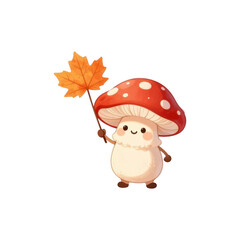 Fototapeta premium Cute cartoon red toadstool mushroom holding an autumn leaf with fall foliage