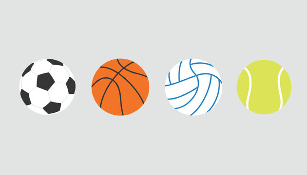 Symmetrical row of four different sports balls including a soccer ball, basketball, volleyball, and tennis ball.
