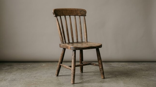 Vintage wooden chair standing alone against plain gray wall background.