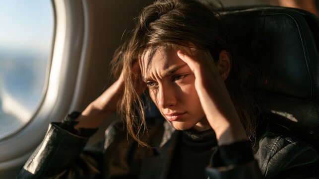 Young woman sitting by airplane window holding head with stressed and worried expression during flight travel
