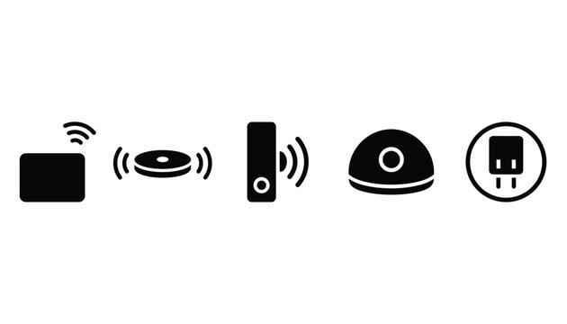 Smart home devices and wireless sensor network icons representing modern internet of things technology are shown in black silhouettes.