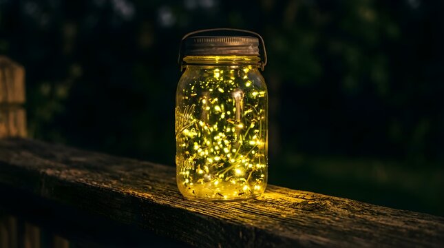 Glowing fireflies in a glass mason jar on a wooden deck at night