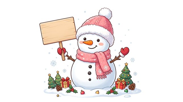 Cheerful snowman holding sign and heart