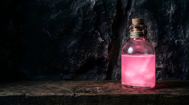 Glowing pink magic potion in a glass bottle on a rustic wooden table