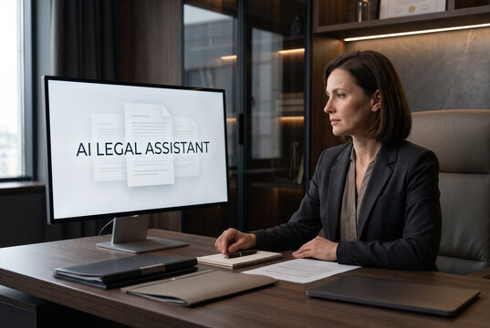 Professional lawyer using AI legal assistant software on computer in modern office